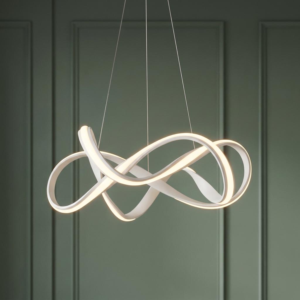 Modern white LED pendant light featuring a continuous, intertwining ribbon design against a dark green panelled wall.