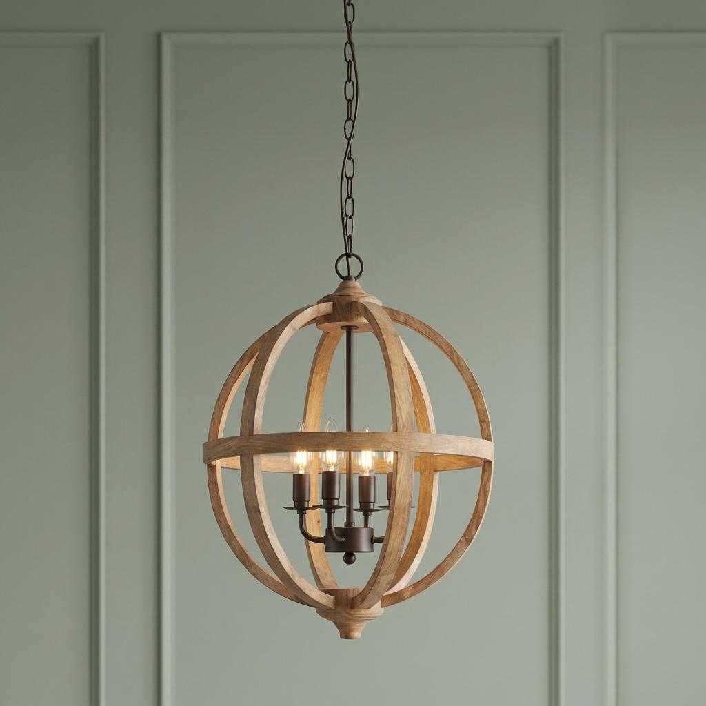 A 4-light wood orb pendant ceiling light with a bronze candle-style cluster hanging in front of a green paneled wall.