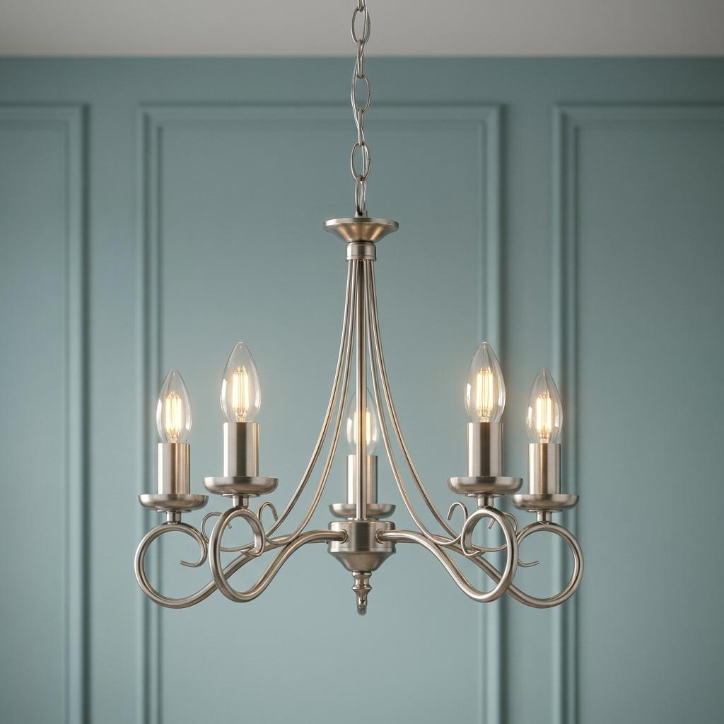 Antique silver 5-light chandelier with curved arms and glowing flame bulbs against a teal paneled wall.