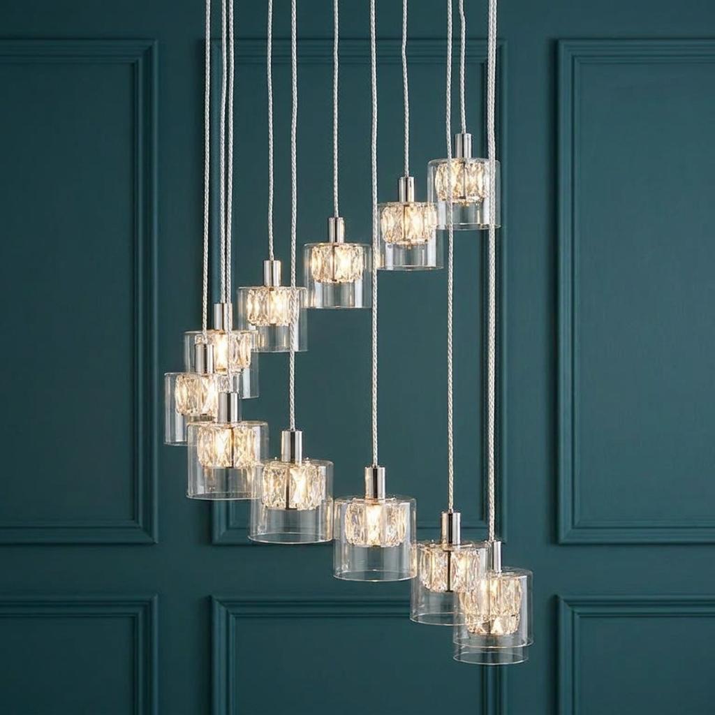 12-light chrome and glass spiral pendant with glowing crystal shades against a teal paneled wall.
