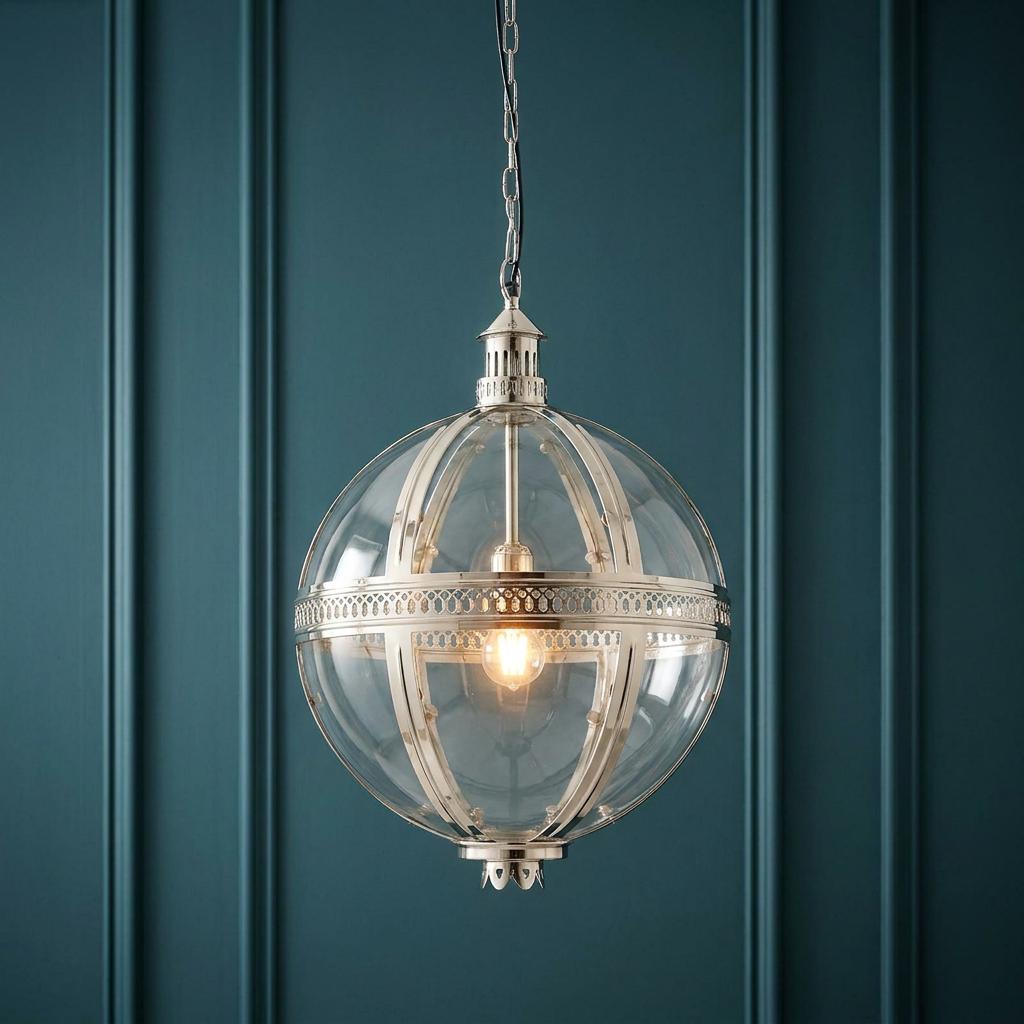 Polished nickel and clear glass globe pendant light hanging in front of a teal wood paneled wall.