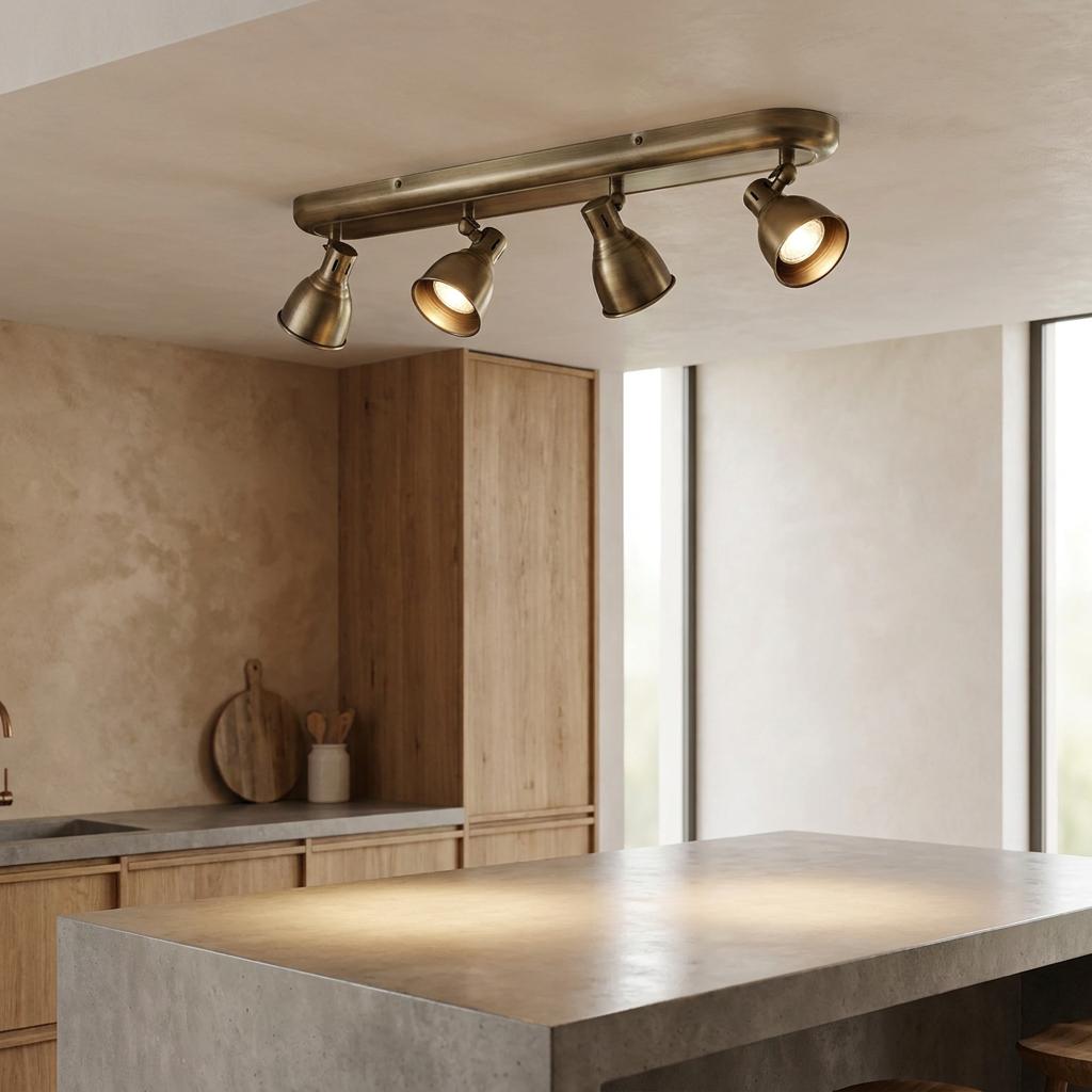 An Endon Westbury antique brass finish 4-light spotlight bar illuminates a modern kitchen island.