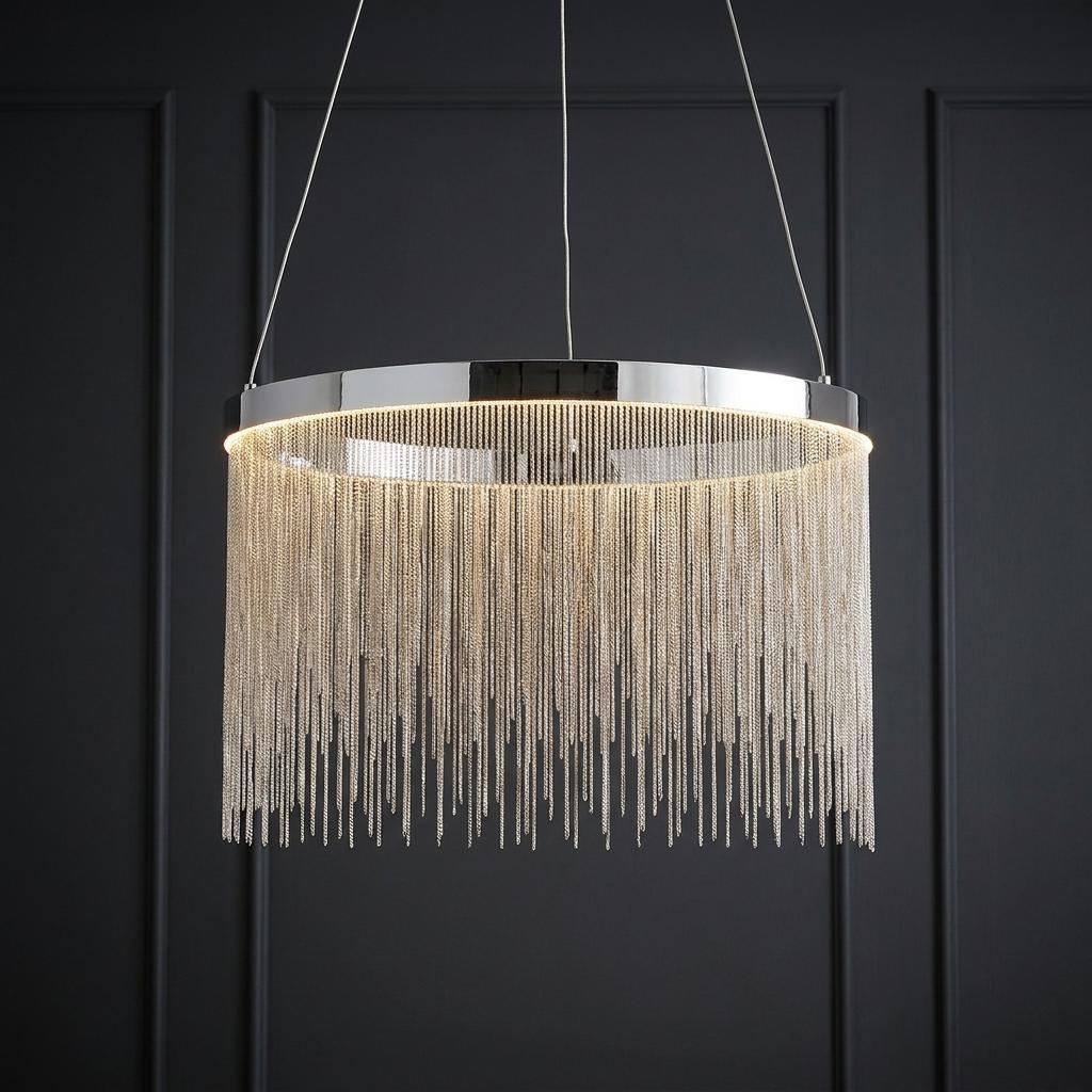 Polished chrome circular pendant light with cascading silver chains against a dark paneled wall.