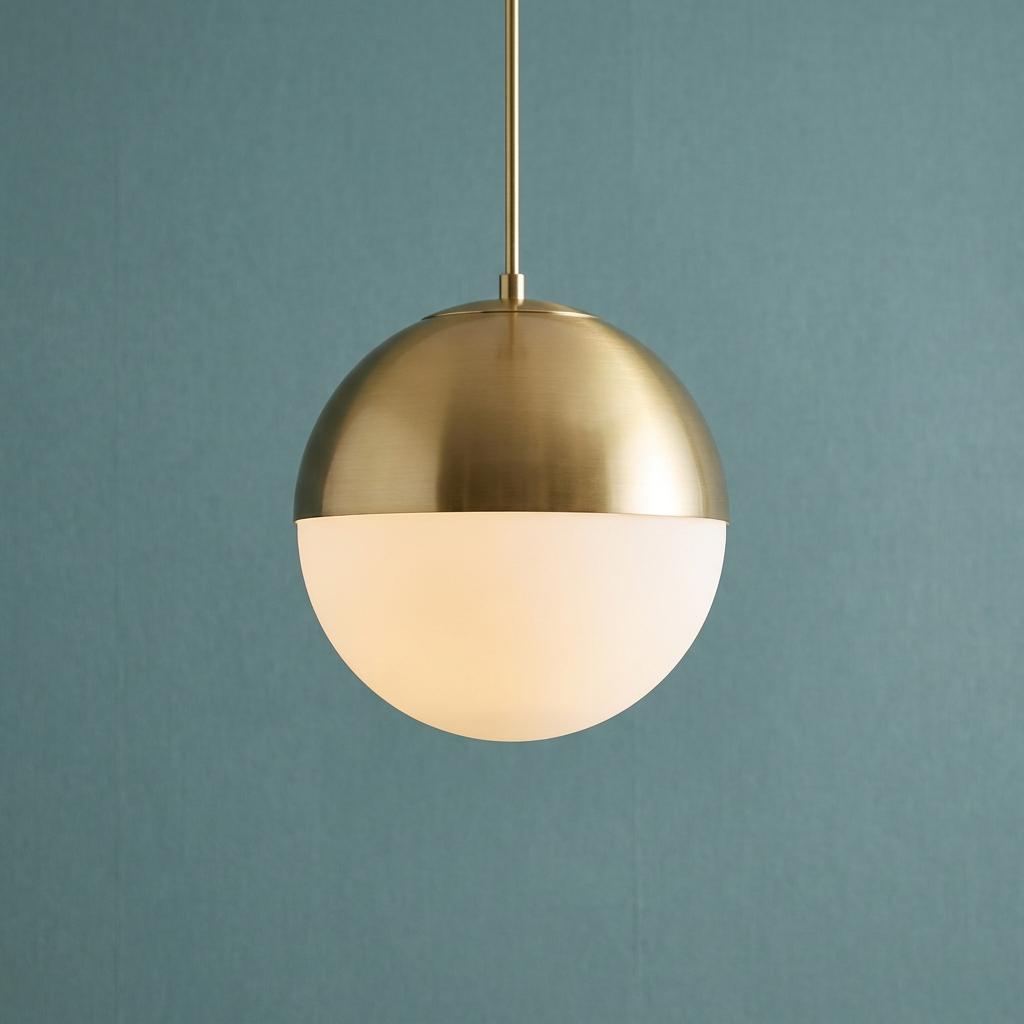 Modern spherical pendant light with a satin brass top and opal glass bottom against a textured teal wall.