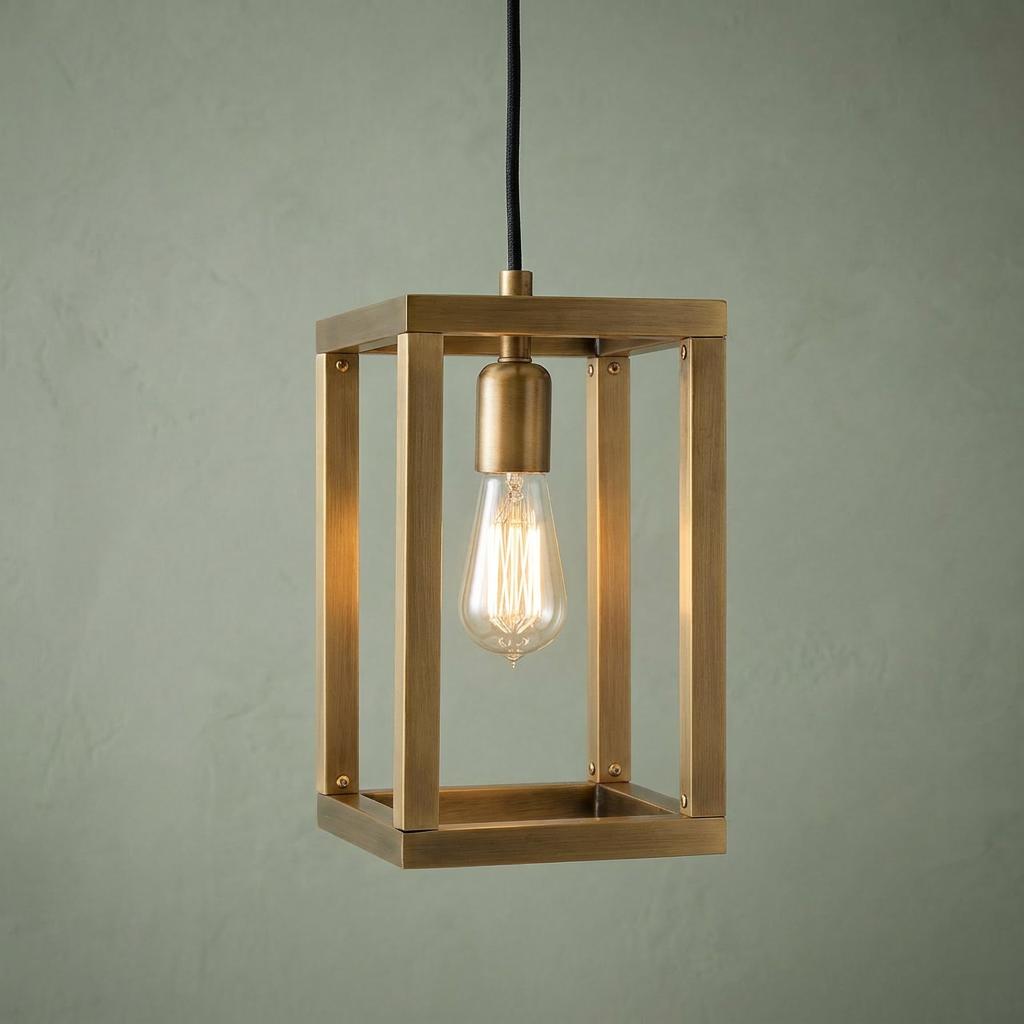A brushed bronze rectangular lantern pendant light with an exposed filament bulb against a green wall.