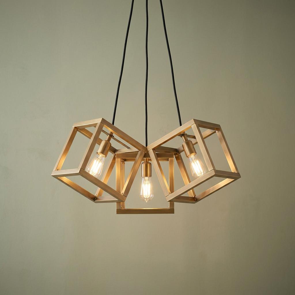 Ensemble 5 light brushed bronze ceiling pendant with geometric cube frames and glowing bulbs against a neutral wall.