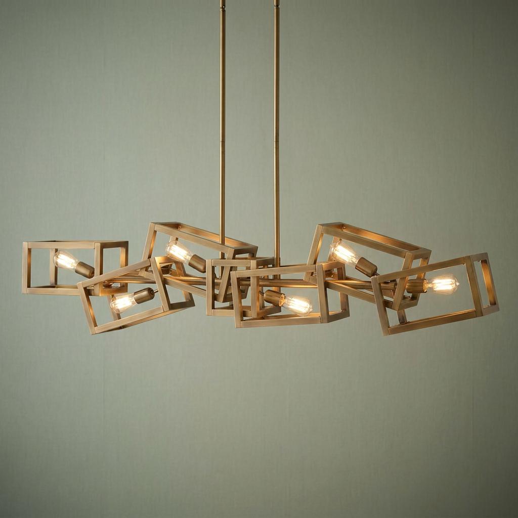 Modern ensemble 6 light brushed bronze pendant with interlocking geometric cube frames against an olive green wall.
