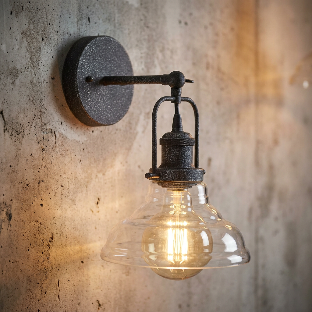 An Esko wrought iron style wall light with a clear glass shade and Edison bulb on a textured concrete wall.