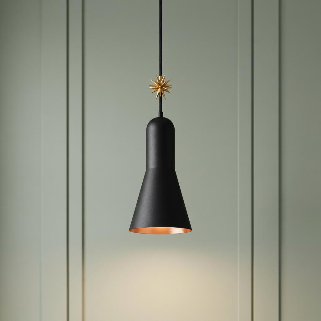 Matte black pendant light with a gold star accent hanging against a pale green paneled wall.