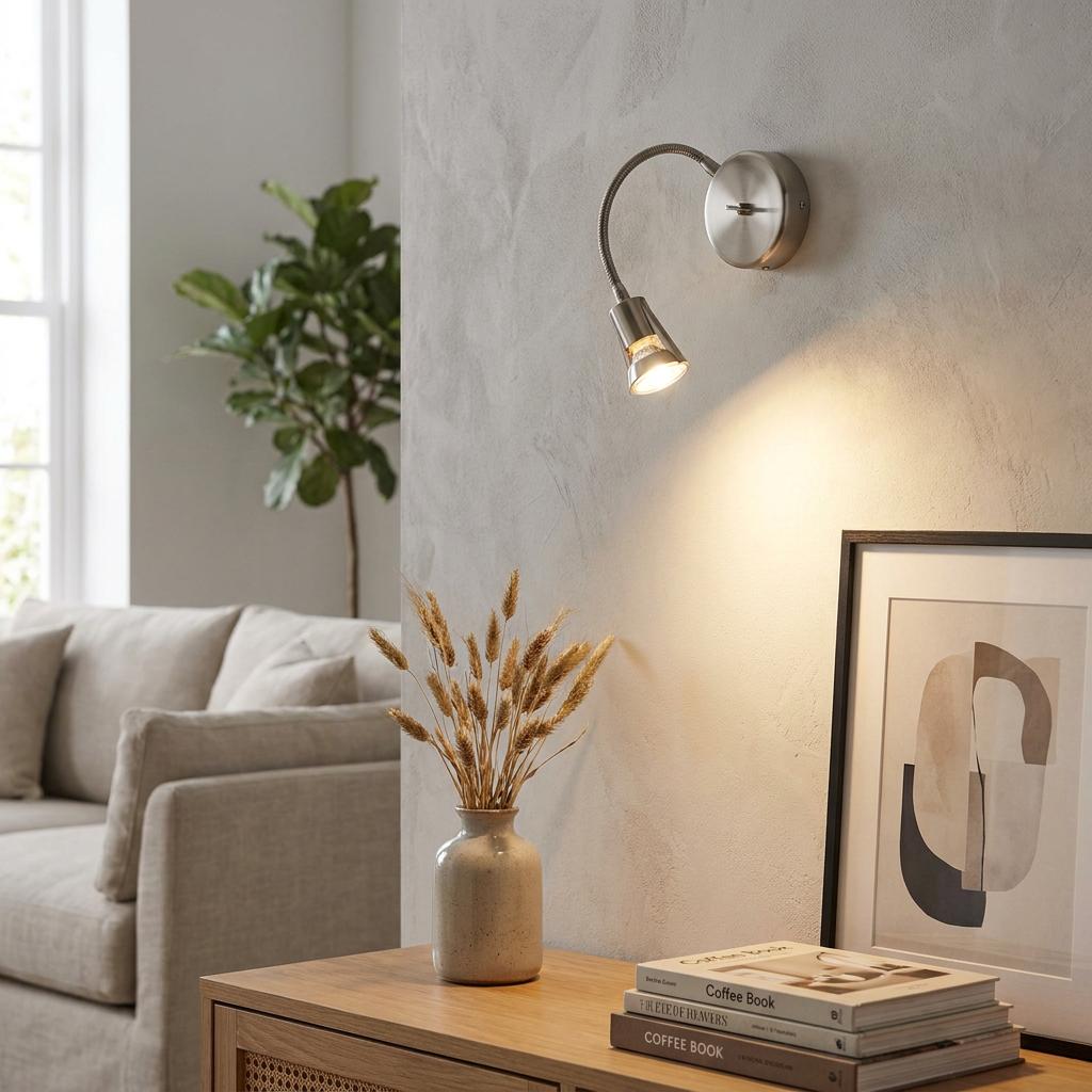 Satin nickel flexible wall light mounted on a grey wall above a wooden console table in a living room.