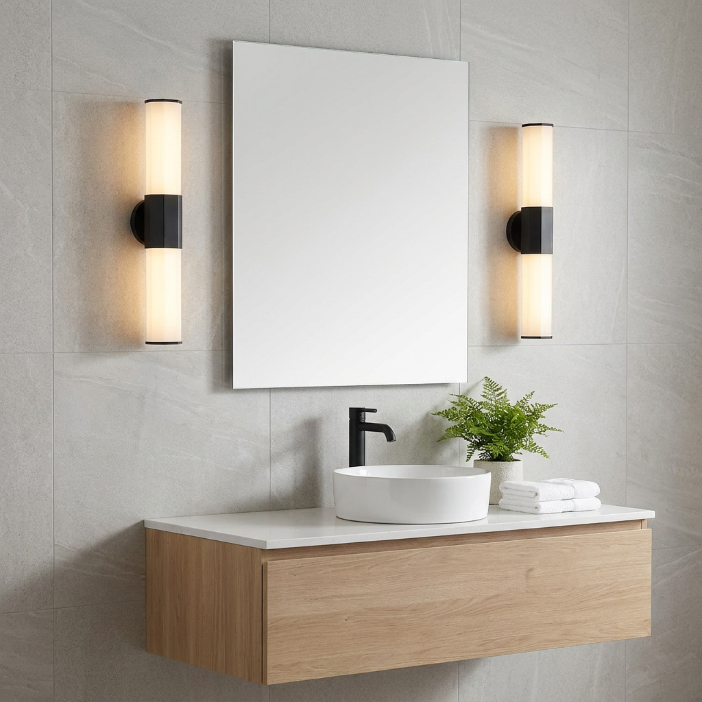 Two black cylindrical LED wall lights flanking a mirror over a bathroom vanity with a white sink and wooden cabinet.