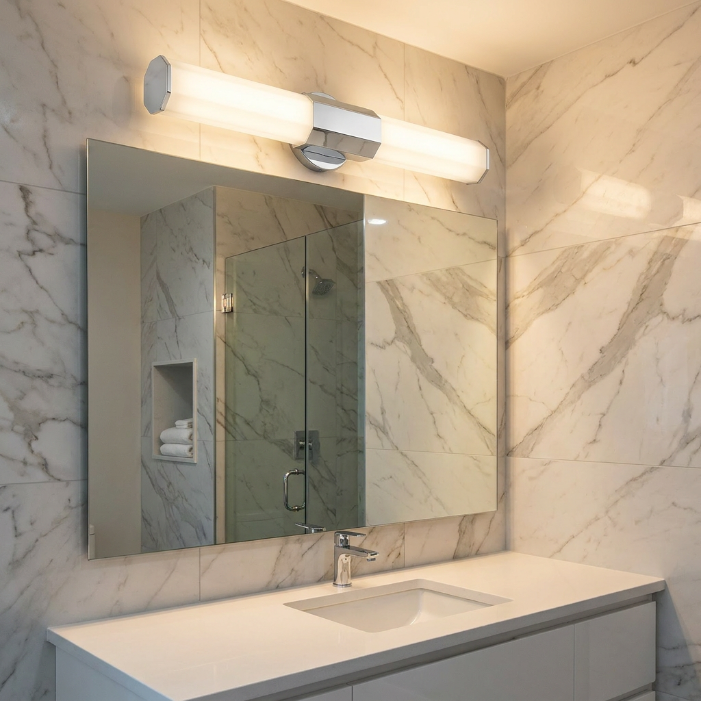 Facet Duel LED polished chrome bathroom wall light with frosted shades mounted above a mirror on a marble wall.