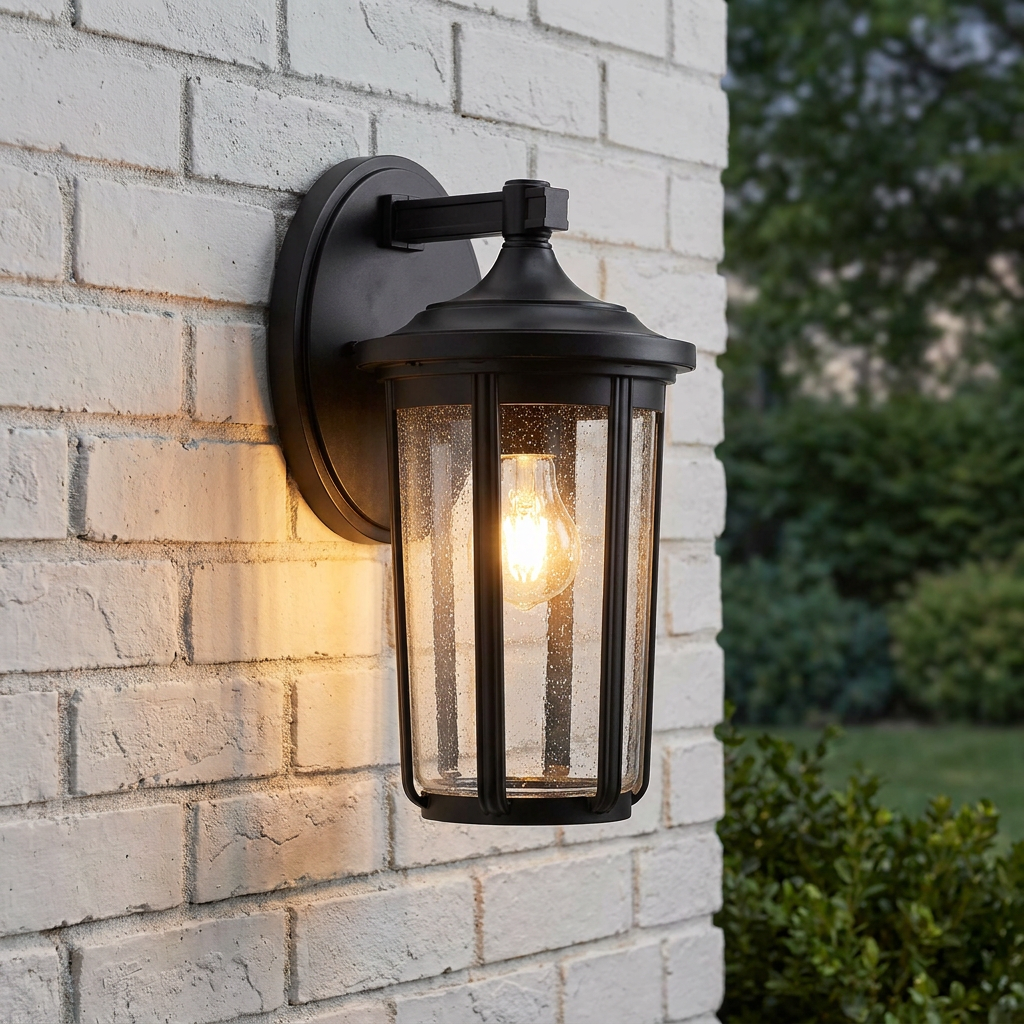 Fairfield black outdoor wall lantern with seeded glass illuminated on a white brick wall.