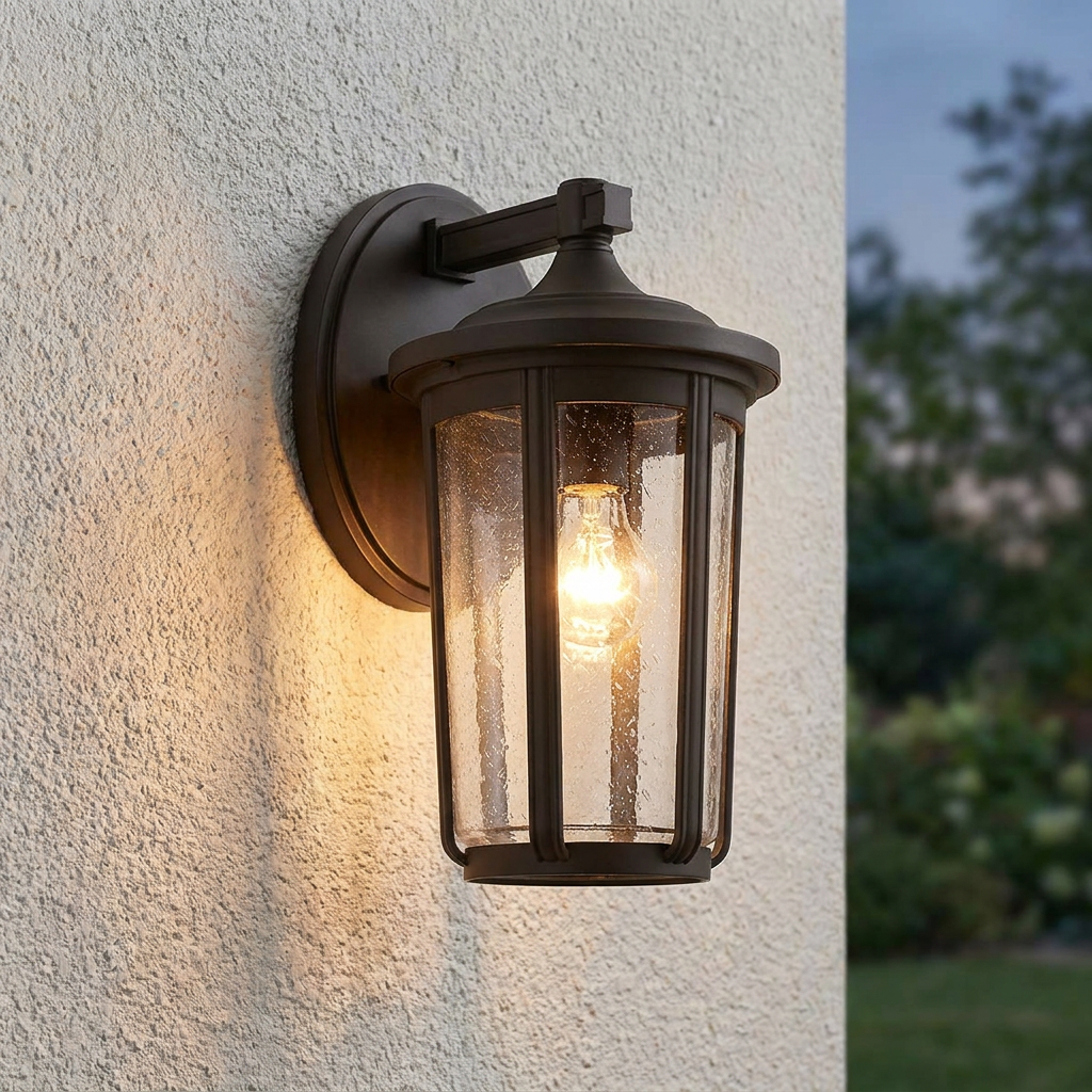 Bronze outdoor wall lantern with seeded glass and a glowing bulb mounted on a light-colored stucco wall.