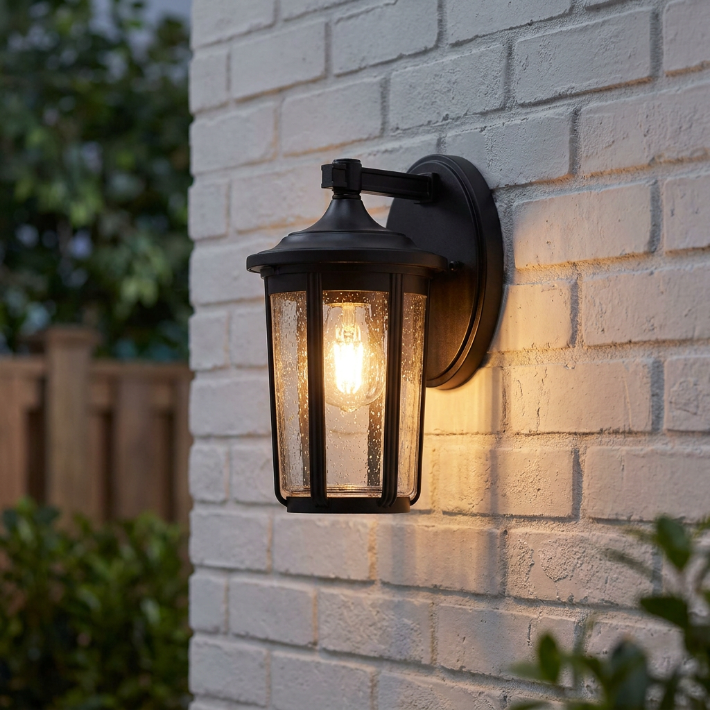 Fairfield 1 Light Medium Black Outdoor Wall Lantern with seeded glass, glowing on a white brick wall.