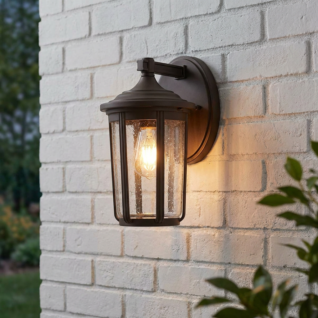 Fairfield outdoor wall lantern in medium bronze with seeded glass mounted on a white brick wall.