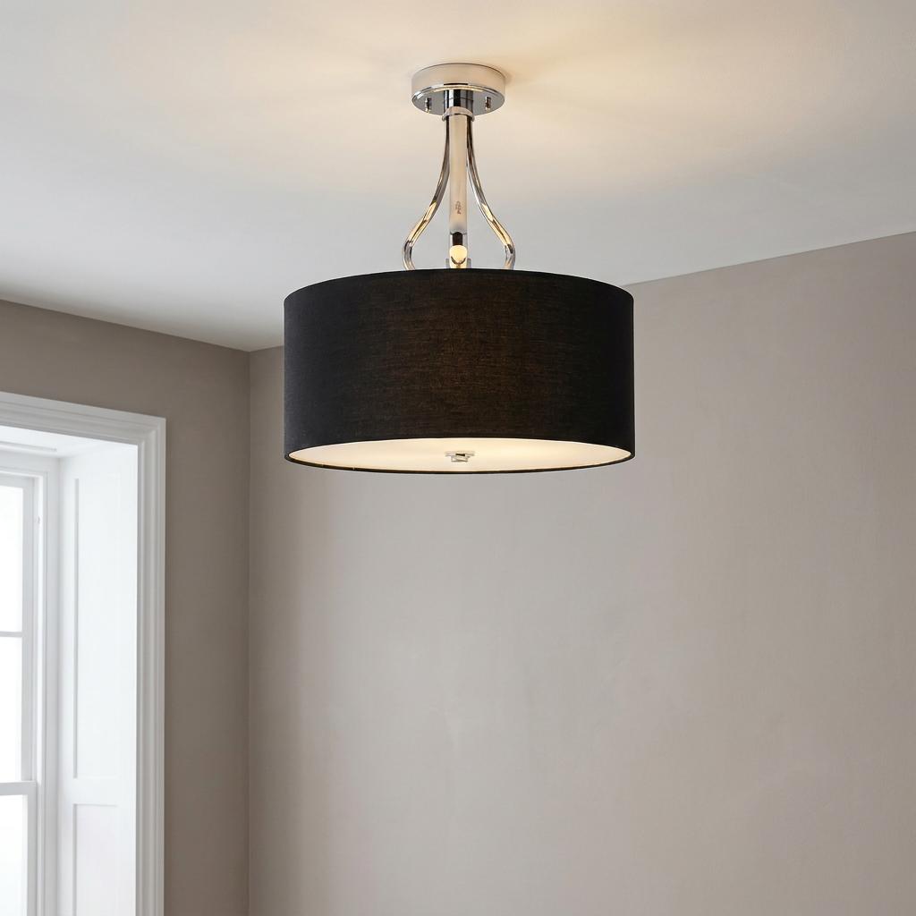 Falmouth 3-light semi-flush bathroom ceiling light with a black fabric drum shade and polished chrome frame.