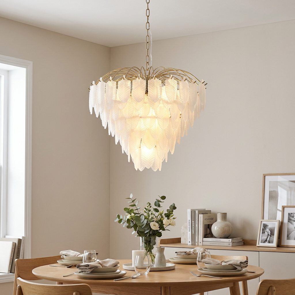 Polished brass feather chandelier with frosted glass leaves illuminated above a modern wooden dining table.
