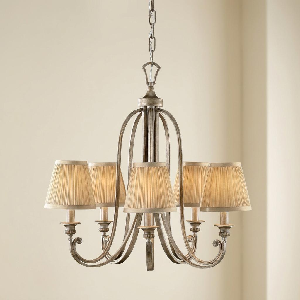 Feiss Abbey 5 light chandelier with silver finish and pleated fabric shades against a neutral wall.