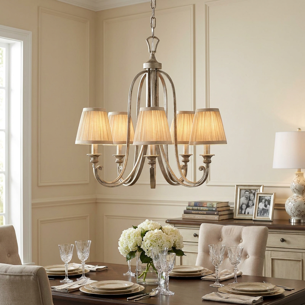 Feiss Abbey five-light silver chandelier with pleated shades above a set dining table with white flowers.