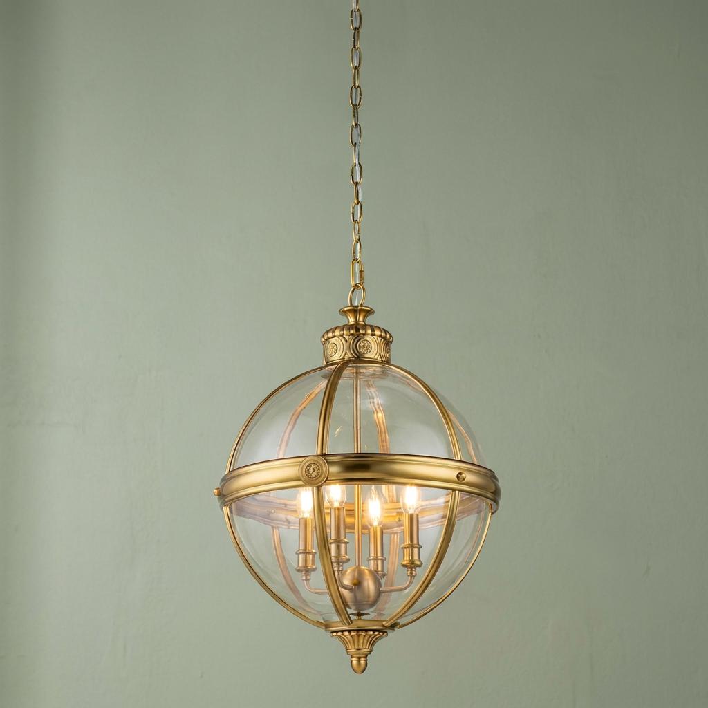 Spherical brushed bronze pendant chandelier with four lights inside a clear glass globe.