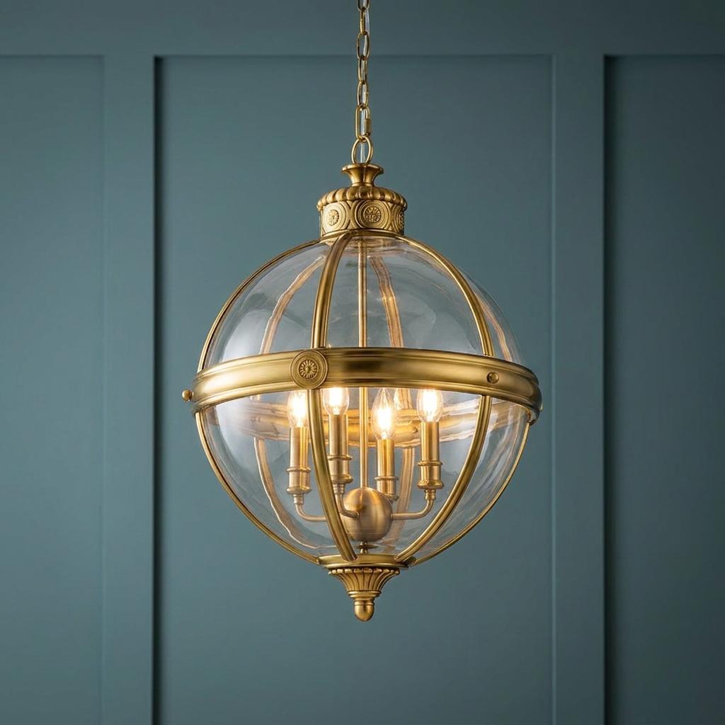 Feiss Adams 4-light globe pendant in brushed bronze with clear glass, set against a teal paneled wall.