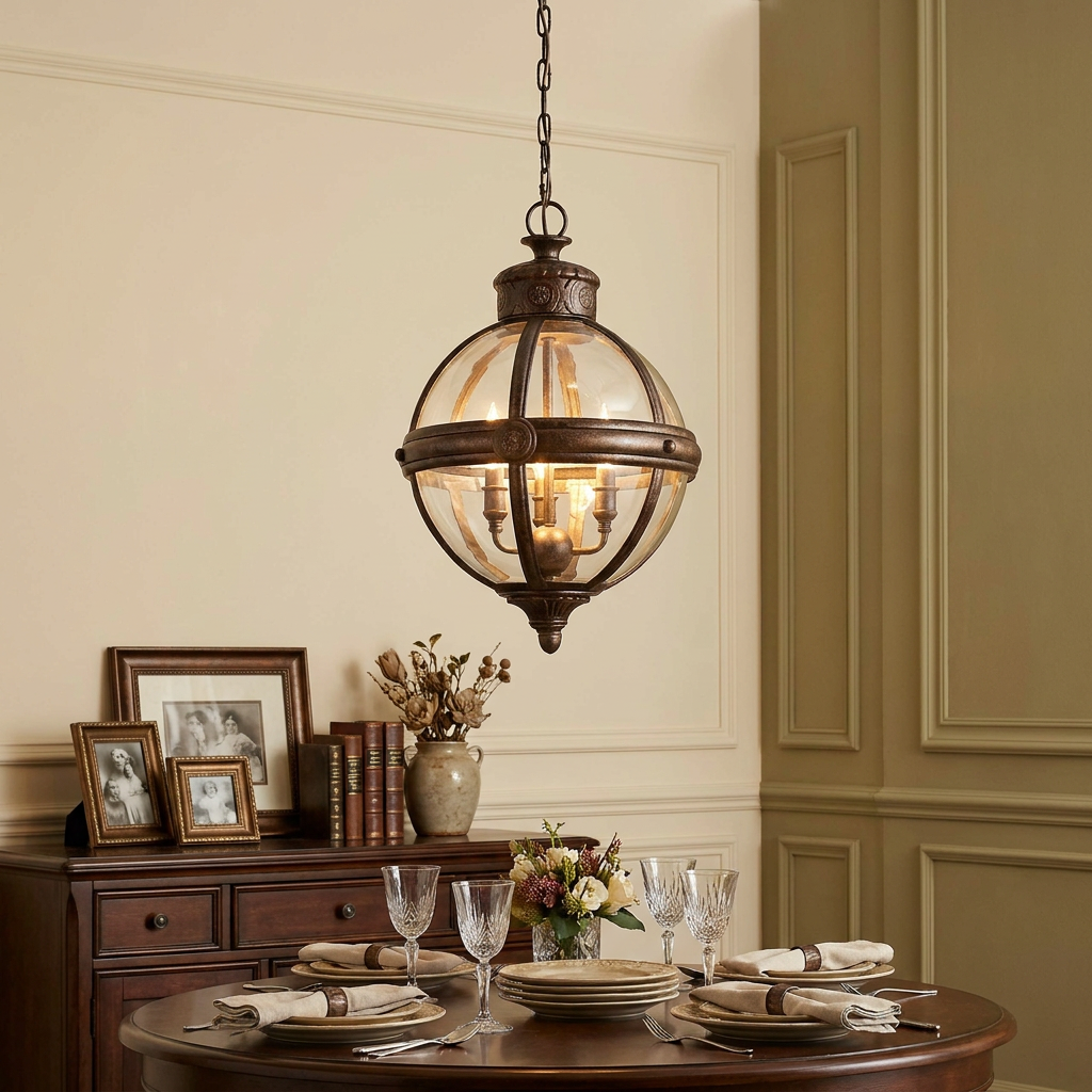 Feiss Adams bronze globe lantern with three lights hanging over an elegantly set dining table.