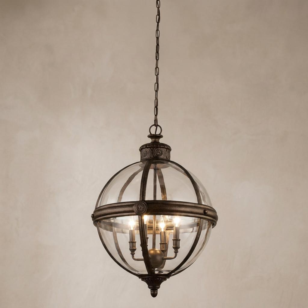 Bronze orb-style ceiling lantern with four internal lights and decorative metal framing against a neutral wall.