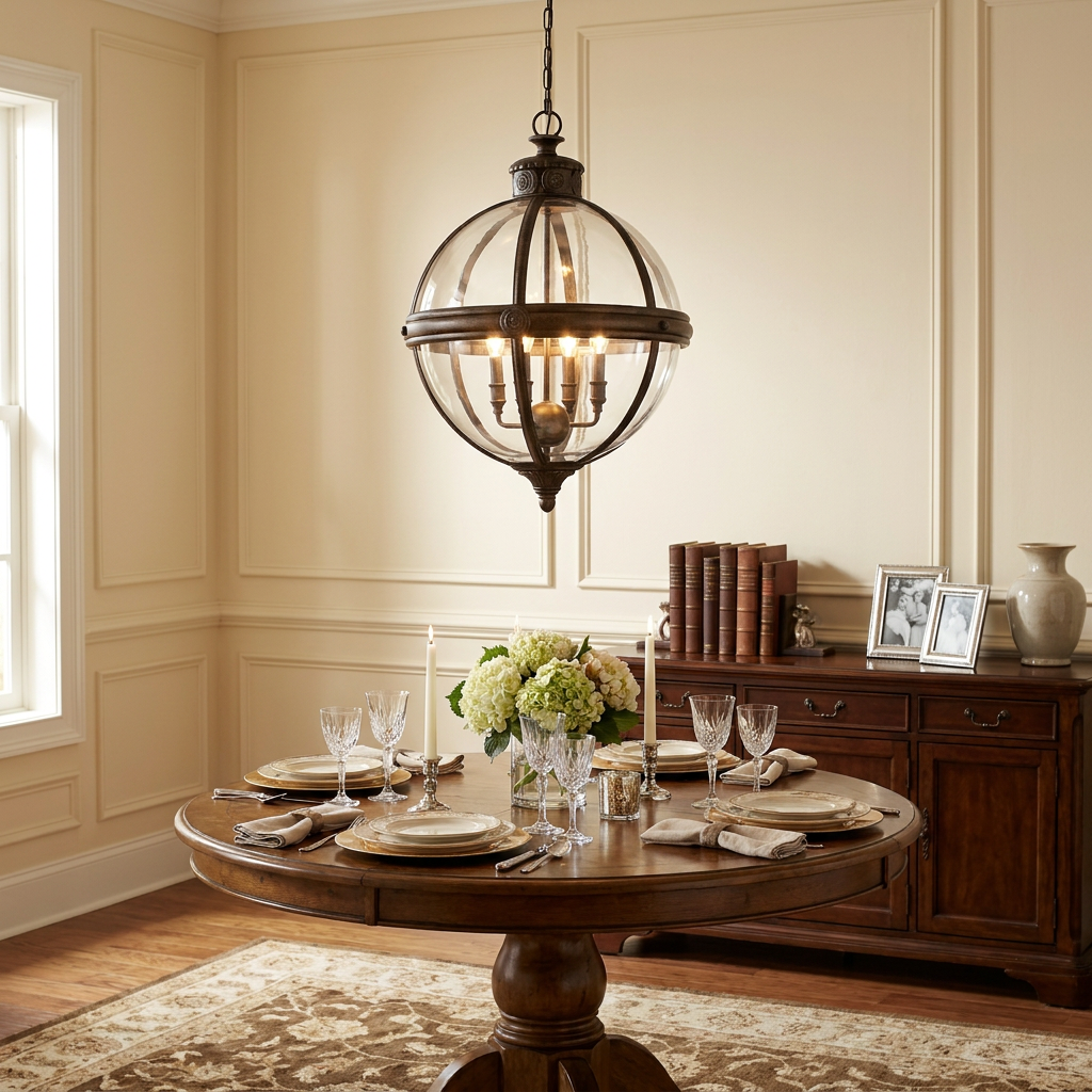 Bronze Feiss Adams 4-light sphere lantern hangs over a set dining table in a traditional room.
