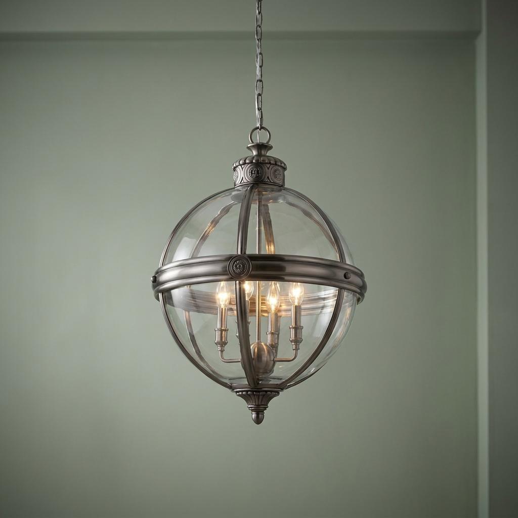 Feiss Adams 4-light nickel ceiling lantern with a spherical glass shade hanging against a pale green wall.