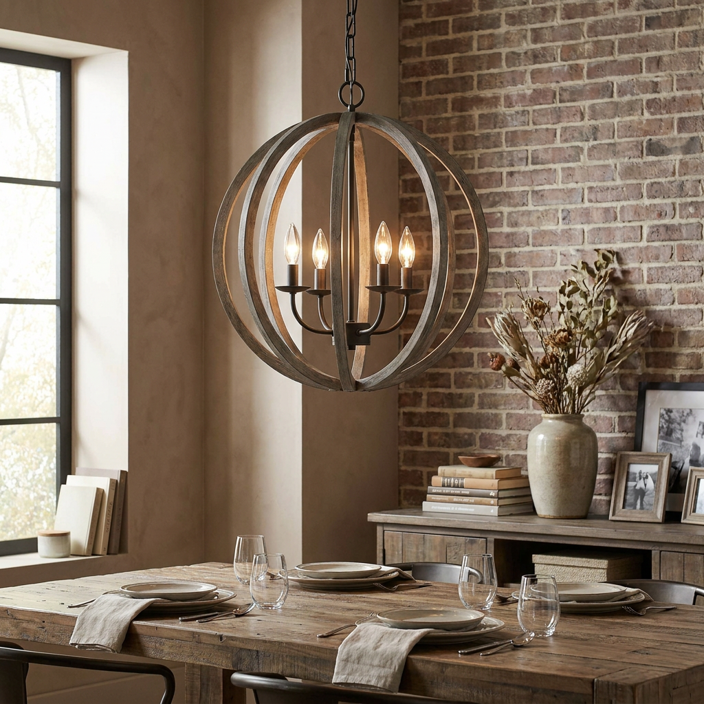 Feiss Allier 4-light orb chandelier with weathered wood finish over a rustic dining table in a brick-walled room.