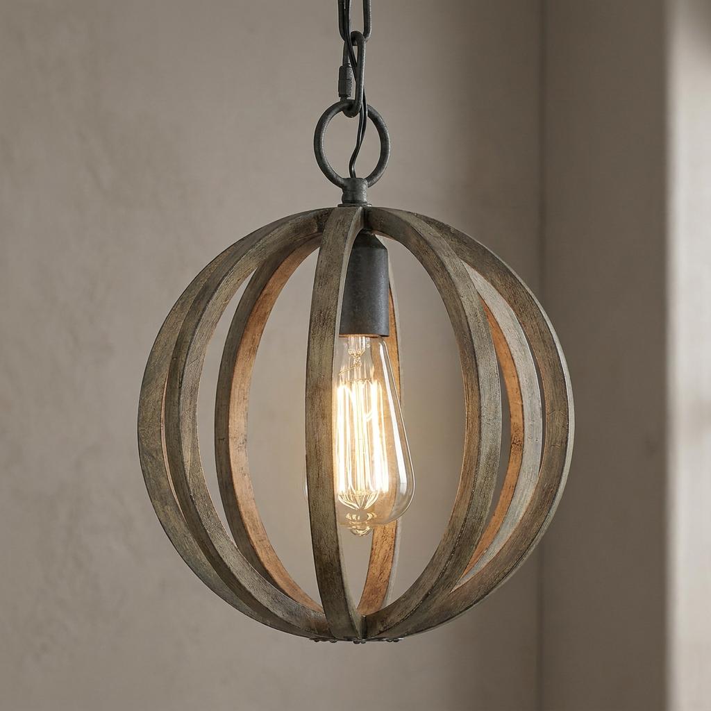 Rustic orb pendant light with weathered wood bands and a glowing Edison bulb hanging from a dark chain.
