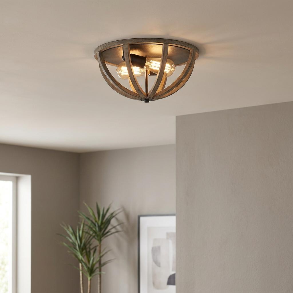 Feiss Allier flush mount ceiling light with a weathered oak cage and exposed bulbs in a neutral interior.
