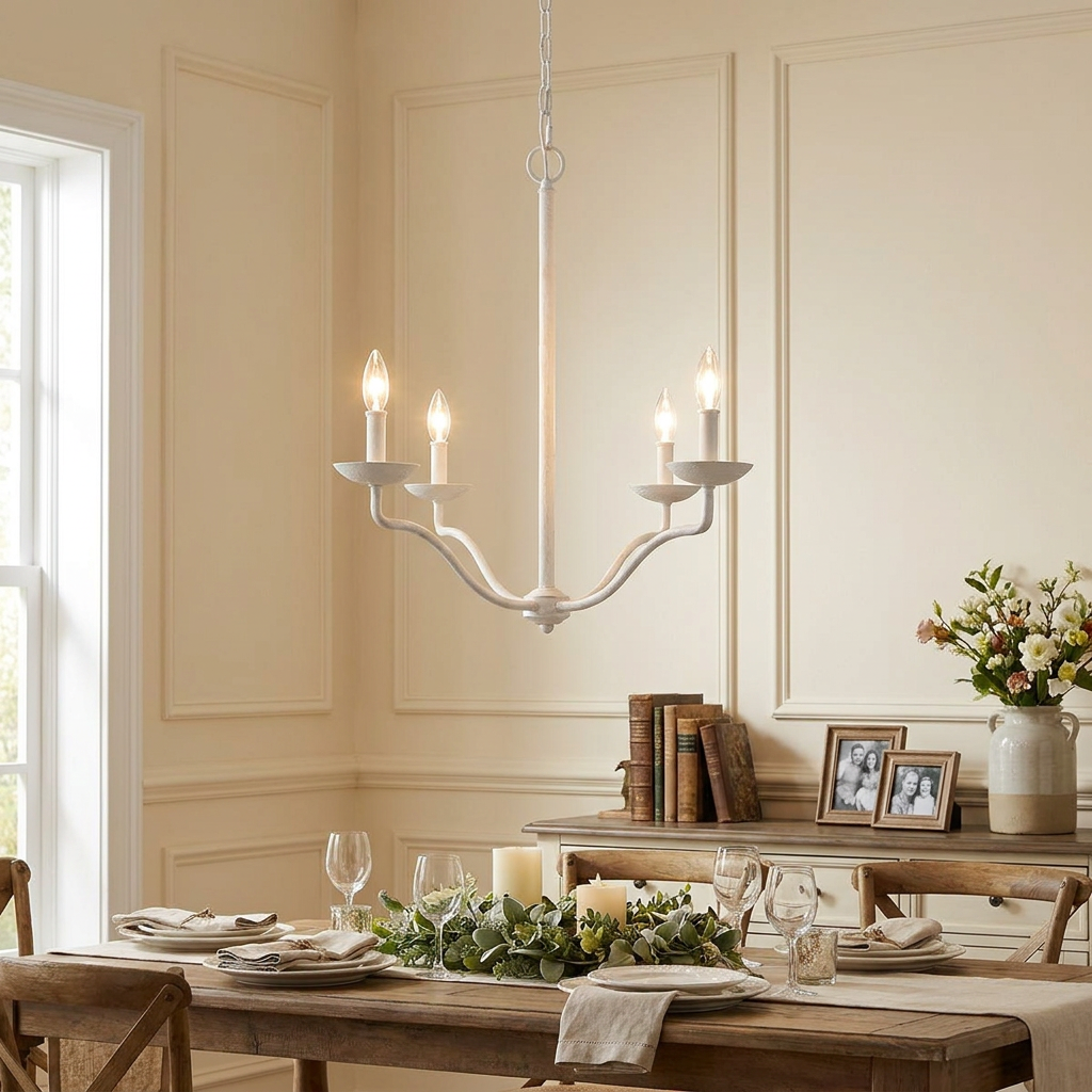 Feiss Annie 4-light white chandelier hanging over a set dining table in a rustic dining room.