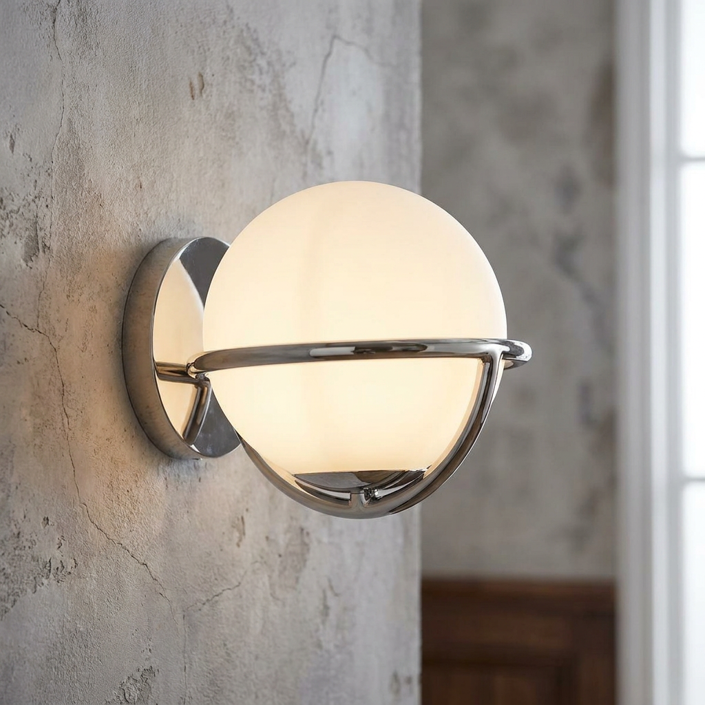 Modern wall light featuring a glowing opal globe held by a polished nickel frame on a textured grey wall.