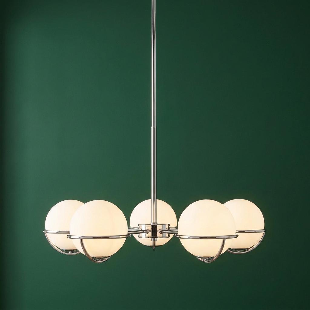 Feiss Apollo 5-light chandelier with polished nickel finish and illuminated frosted globes against a green wall.
