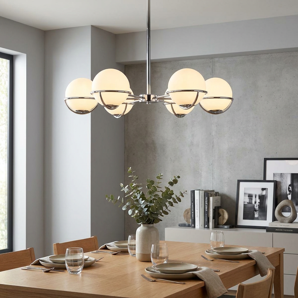 Feiss Apollo 5-light chandelier with white globes and polished nickel finish hanging above a set dining table.