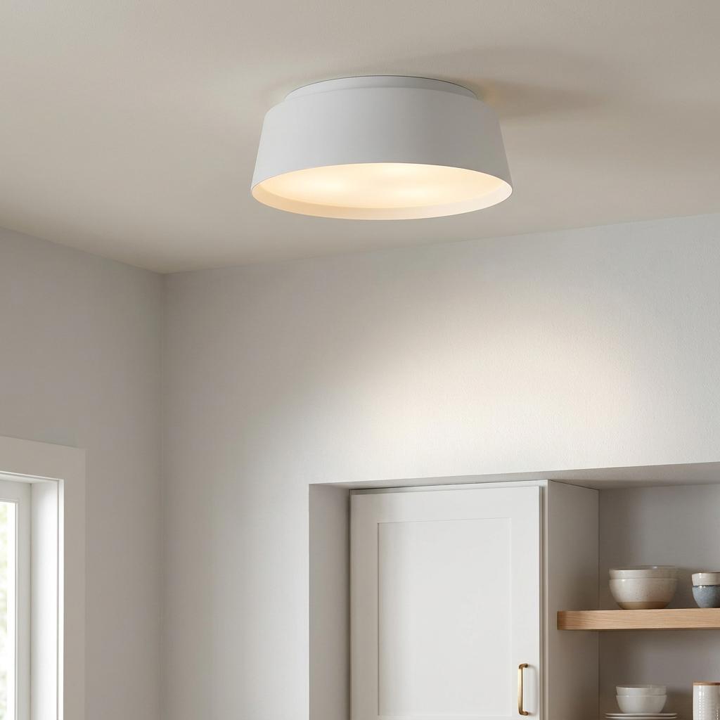 Matte white tapered drum flush mount ceiling light glowing softly in a minimalist white interior.