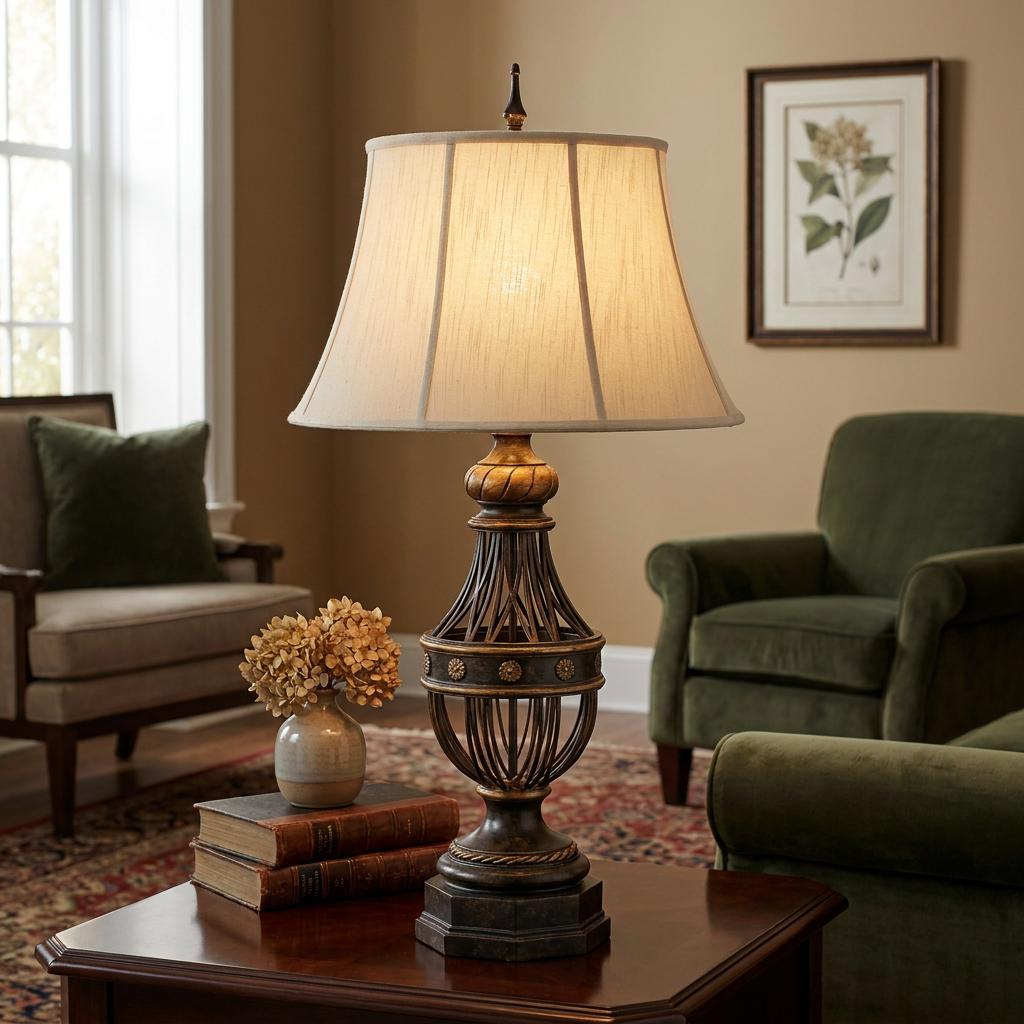 Lit Feiss Augustine bronze table lamp with a cream bell shade on a wooden side table in a cozy living room.