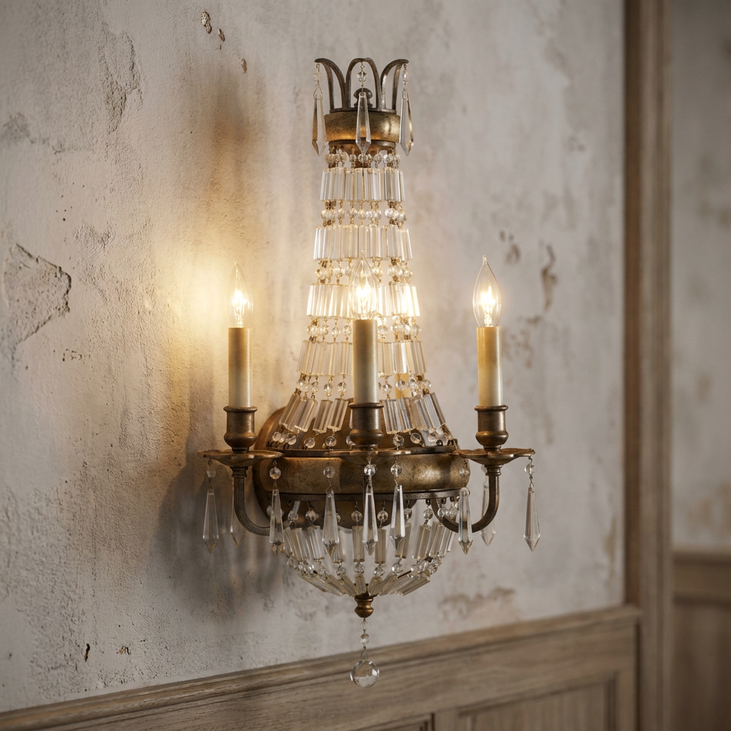 Feiss Bellini 3-light bronze wall sconce with ornate crystal droplets on a rustic textured wall.