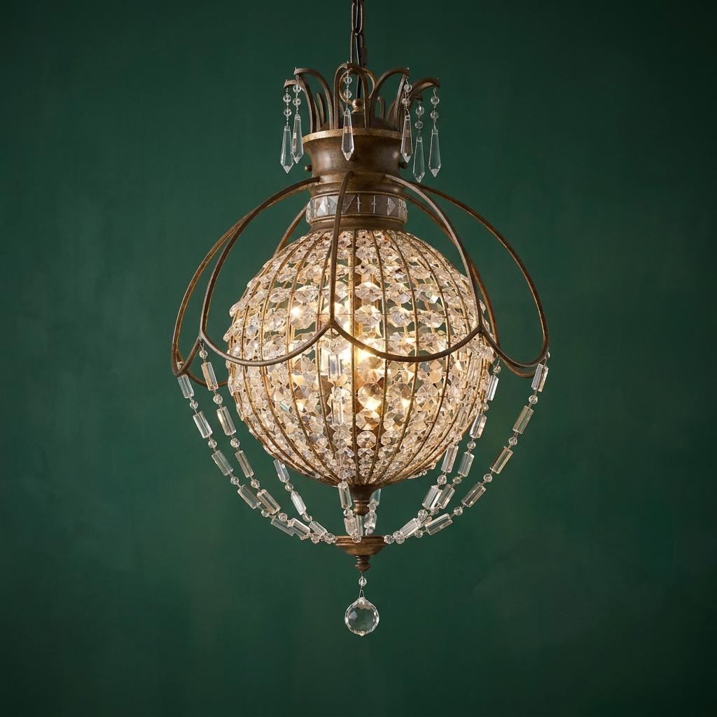 Feiss Bellini 3-light pendant featuring a crystal globe and bronze frame against a textured green wall.