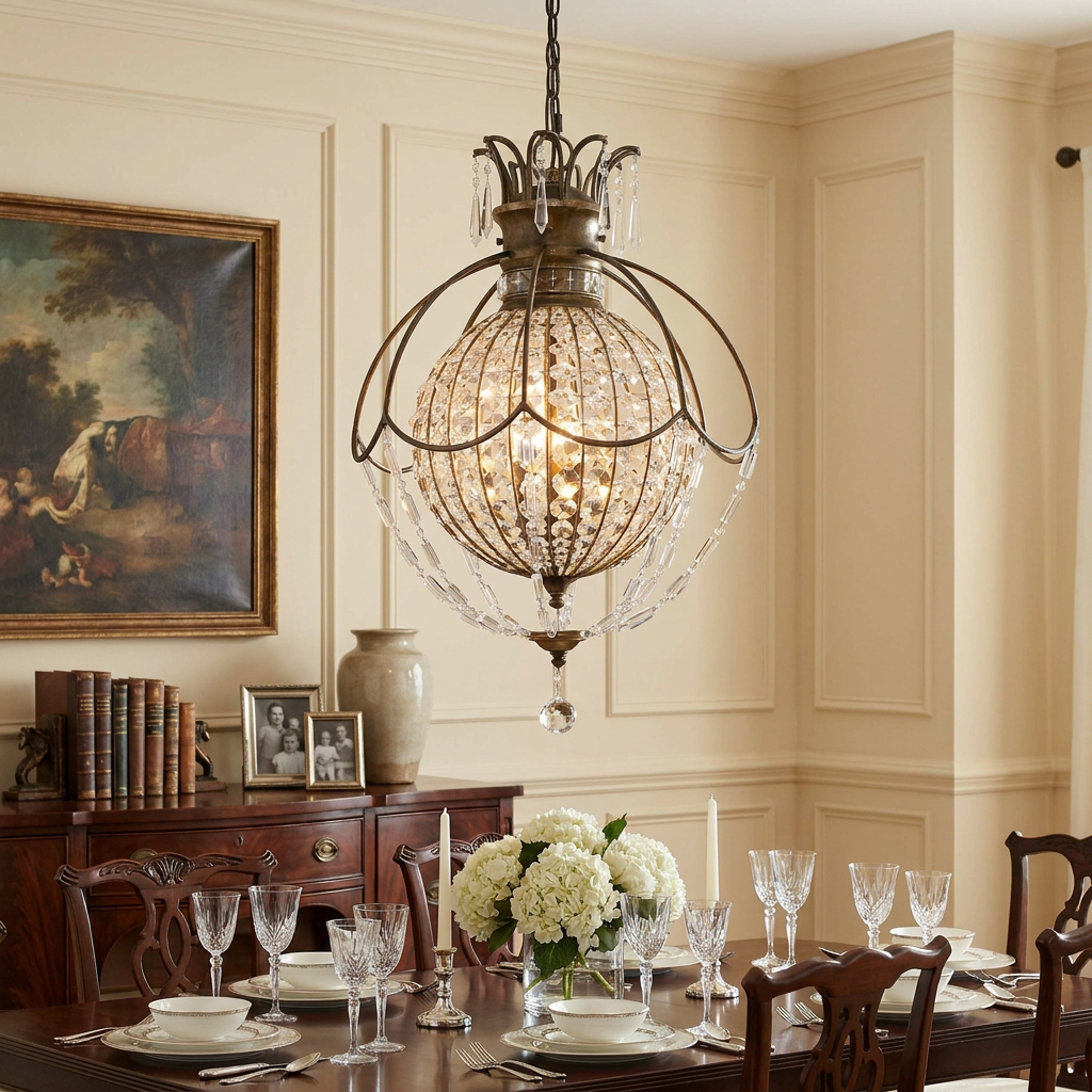 Feiss Bellini 3 Light Pendant Ceiling Light with a crystal globe and bronze frame over an elegant dining table.