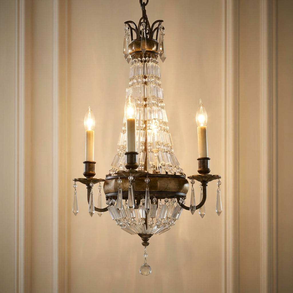 Bronze and quartz crystal 4-light chandelier with illuminated candle bulbs against an indoor paneled wall.