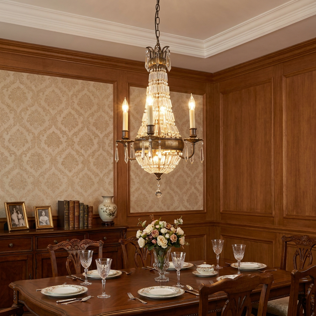 Feiss Bellini 4-light bronze and quartz crystal chandelier illuminating a formal wood-paneled dining room.