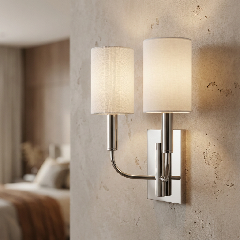 Feiss Brianna 2-light polished nickel wall sconce with white fabric shades mounted on a light-textured wall.