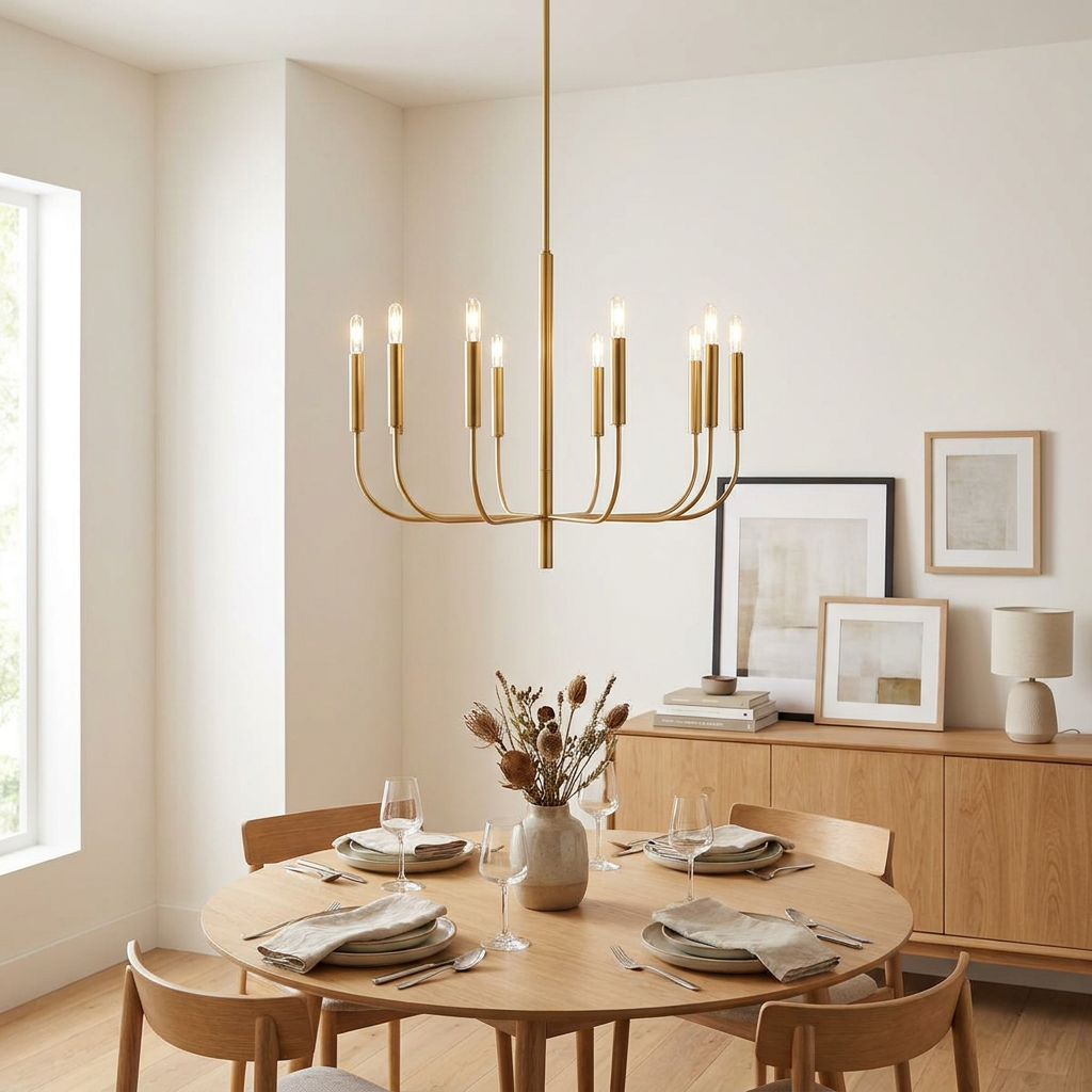 Feiss Brianna 9-light burnished brass chandelier hangs over a minimalist wooden dining table in a bright room.
