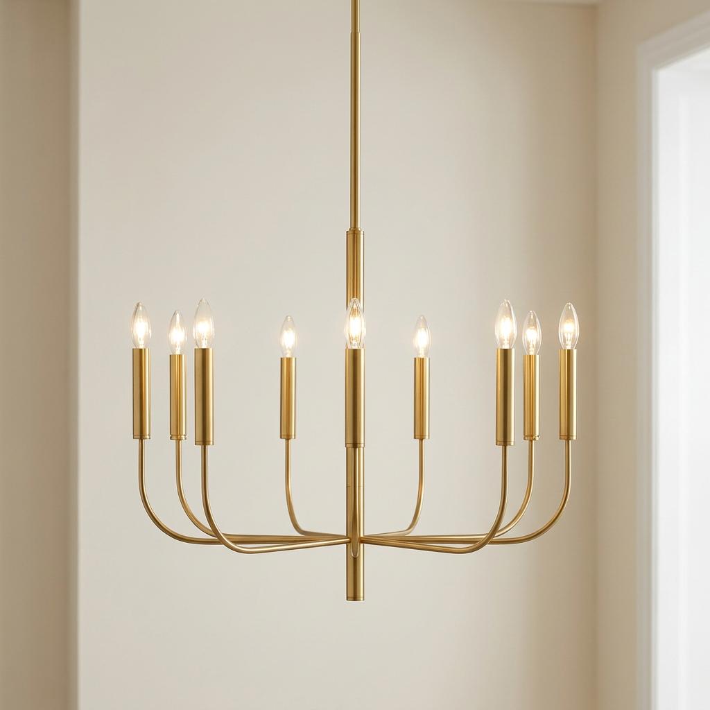 Nine-light burnished brass chandelier featuring curved arms and candle-style bulbs against a minimalist interior.
