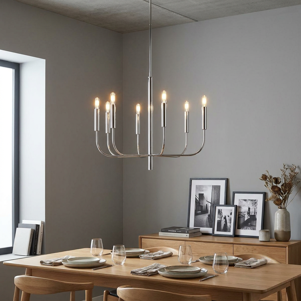 Feiss Brianna 9-light polished nickel chandelier hanging over a modern wooden dining table in a minimalist room.