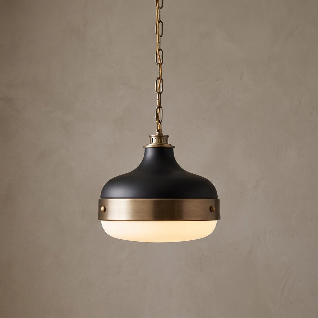 Matte black pendant ceiling light with antique bronze accents and a frosted glass diffuser hanging from a chain.