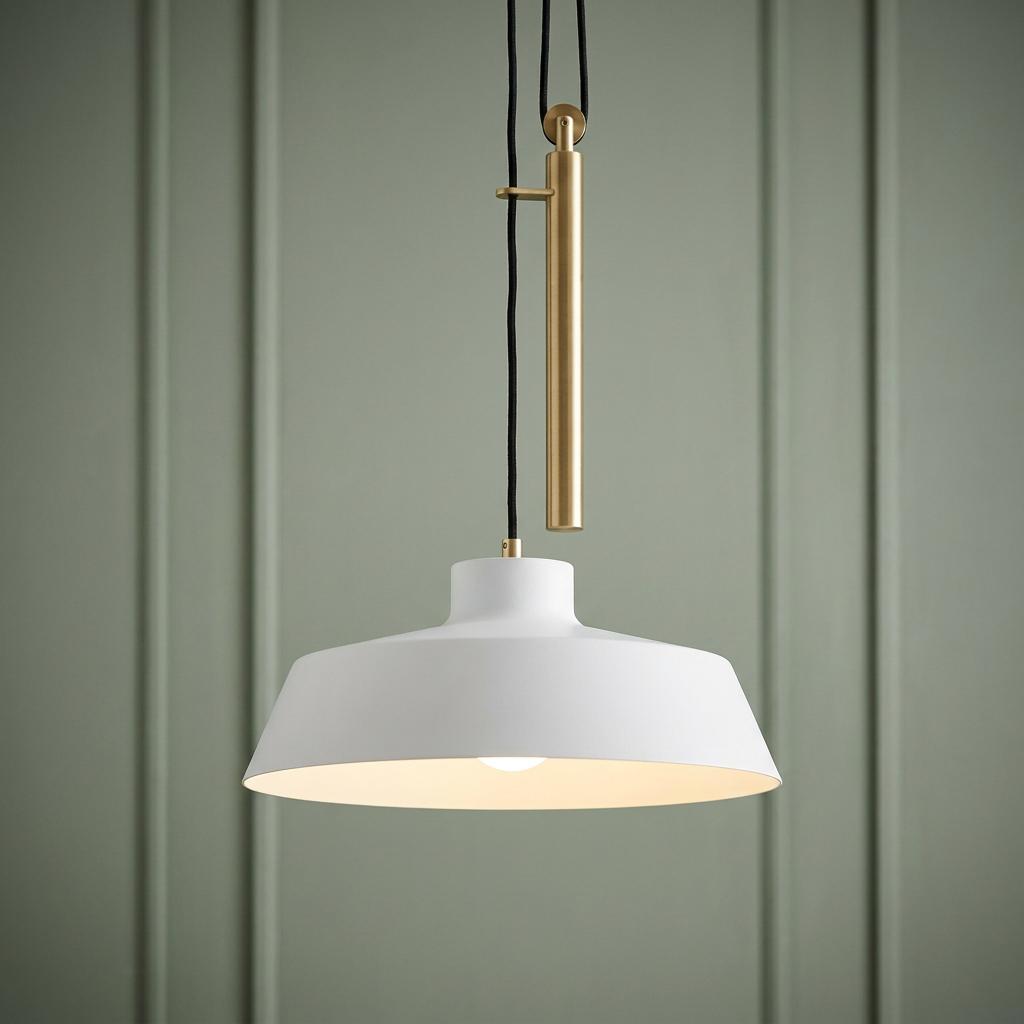 Feiss Candor 1 Light Matte White Pendant Ceiling Light with a gold finish and black cord in front of a green wall.